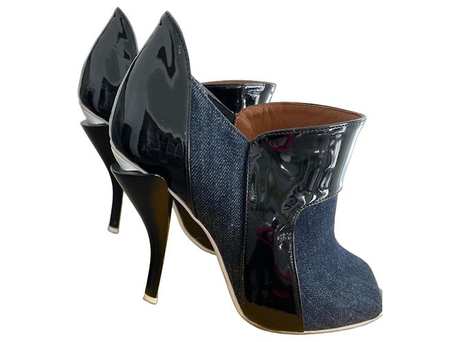 Fendi denim and black patent leather ankle boots
