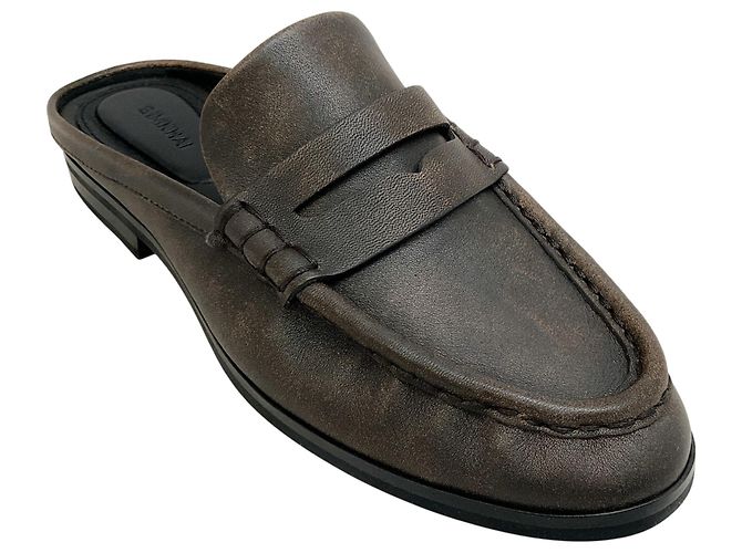 Jonathan Simkhai Simkhai Distressed Chocolate Leather Loafer Mules Brown