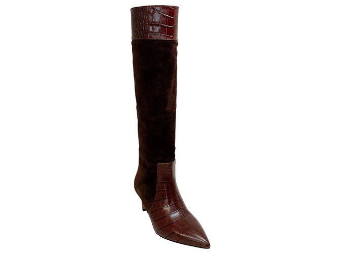Paris Texas Chocolate Embossed Croco Suede Tall Boots Brown