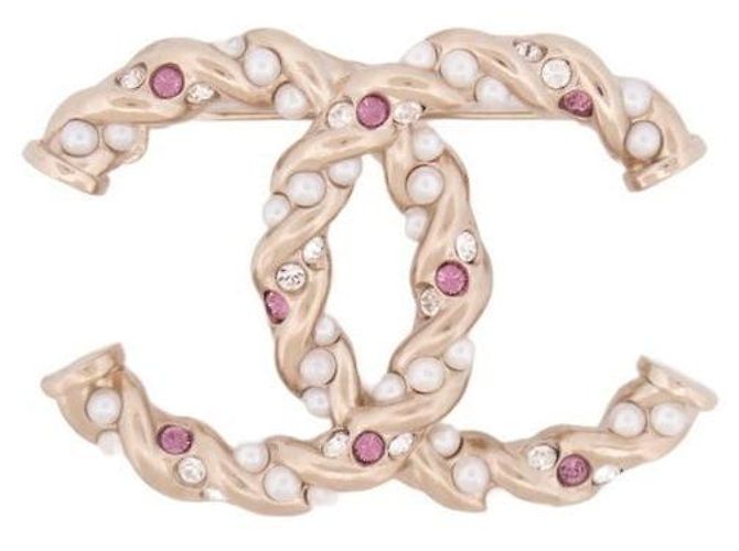 Chanel Brosche Double CC Gold Kristalle und Perlen Golden