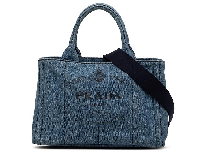 Borsa Tote Satchel Prada Small Denim Canapa Logo Blu