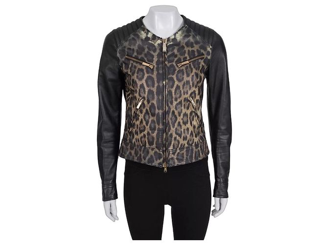 Roberto Cavalli Just Cavalli Chic Lederjacke mit Animal-Print IT 42 gebraucht