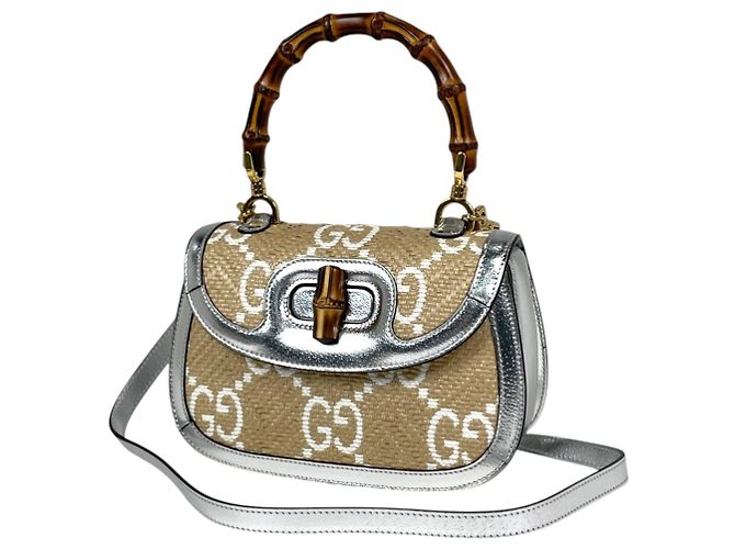mala 2-Way Gucci Bamboo em Bege e Silver Prata