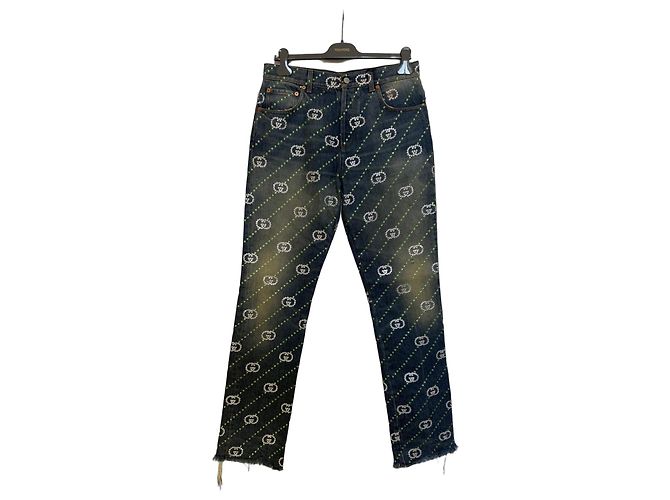 Jeans in denim Gucci Monogram con strass Blu
