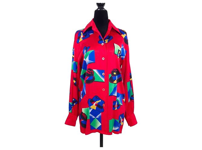 Escada camicia in seta con cappelli 1990s Multicolore