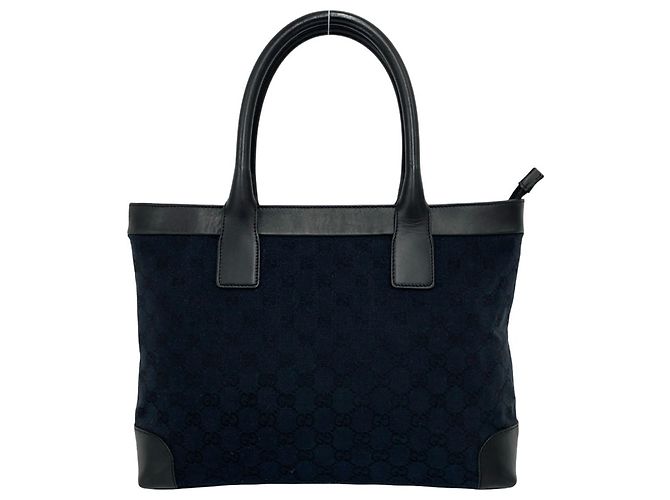 Saco Tote Gucci em lona e couro com logo GG Preto Azul marinho