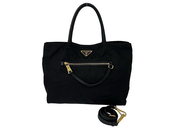 Tote Borsa Prada in nylon e pelle con logo Triangle Nero