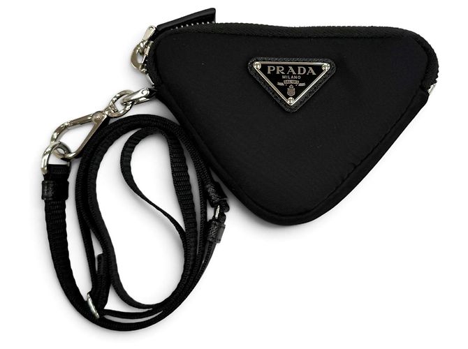 Prada Re Nylon Triangle Logo Keyring Pouch Black