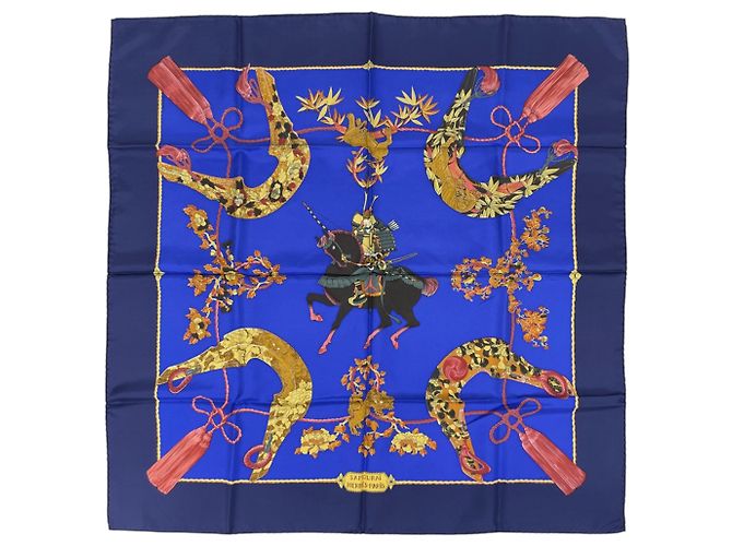 Hermès Lenço de seda Hermes Carre 90 Samourai Azul Multicor