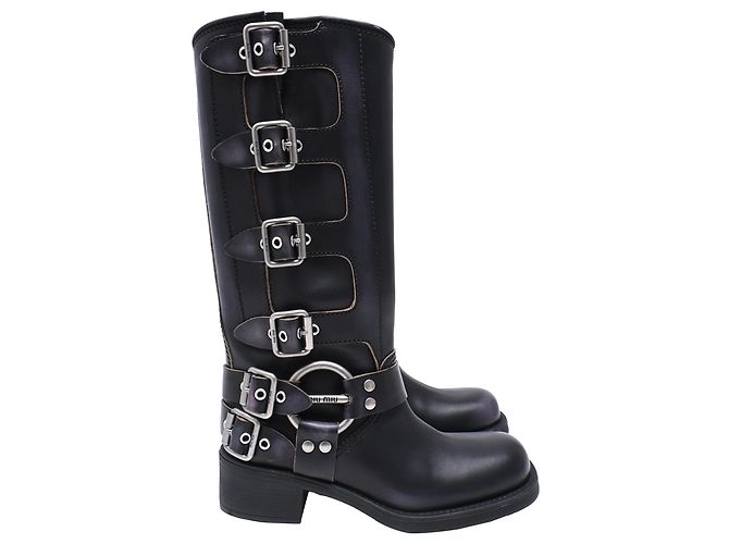 Miu Miu Buckle Strap Biker Boots in Black Leather