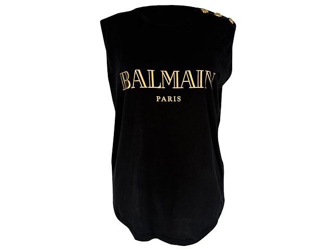 Top sin mangas Balmain Gold Logo en algodón negro