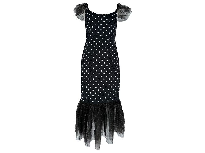 Staud Tulle Trim Polka Dot Midi Dress in Black Cotton