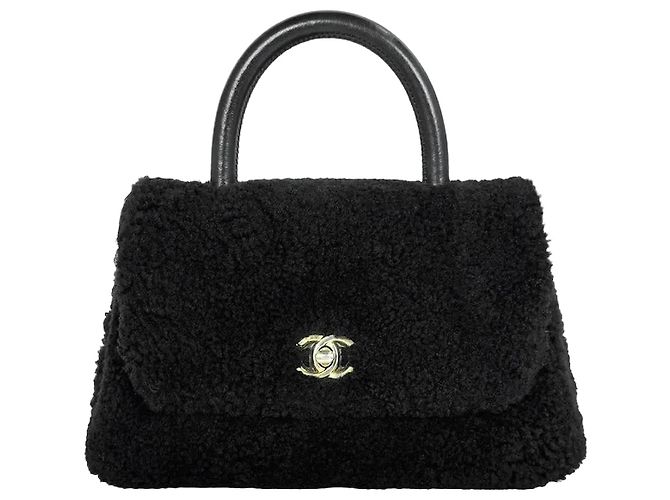 Chanel Shearling Coco Top Handle Bag Small Black