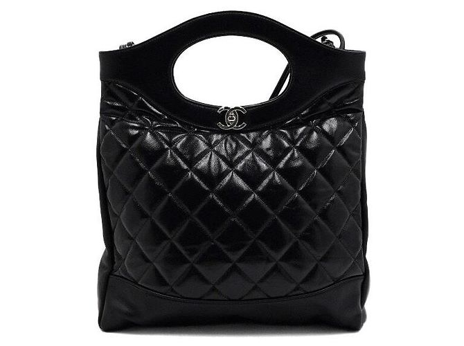 Chanel Sac cabas à main en cuir de veau noir avec chaîne argentée bandoulière crossbody