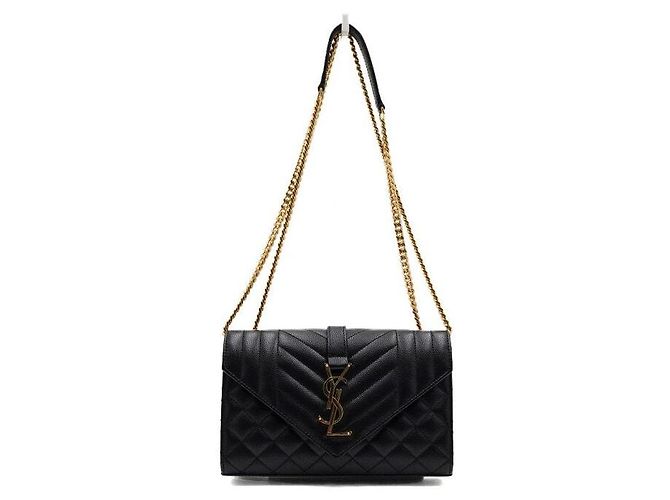 Saint Laurent Bolsa de ombro e crossbody acolchoada Monogram com corrente dourada e fecho envelope Preto