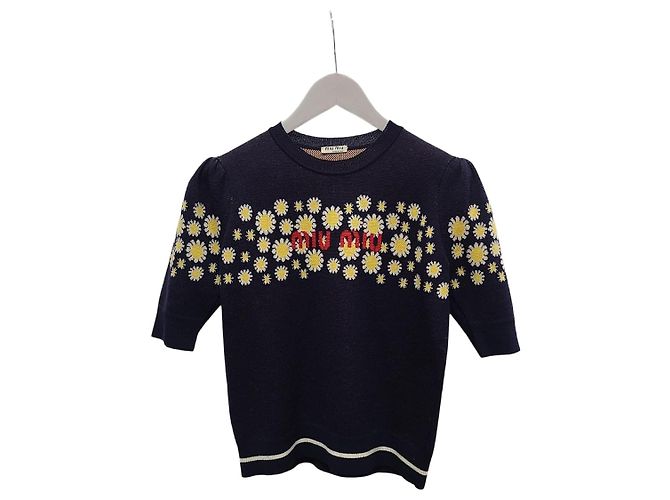 Miu Miu Kurzärmeliger Strickpullover in Navy mit Intarsia-Gänseblümchen Blau