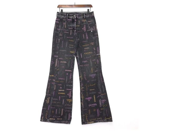 Chanel Multicolor CC Logo Printed Women's Denim Pants Black