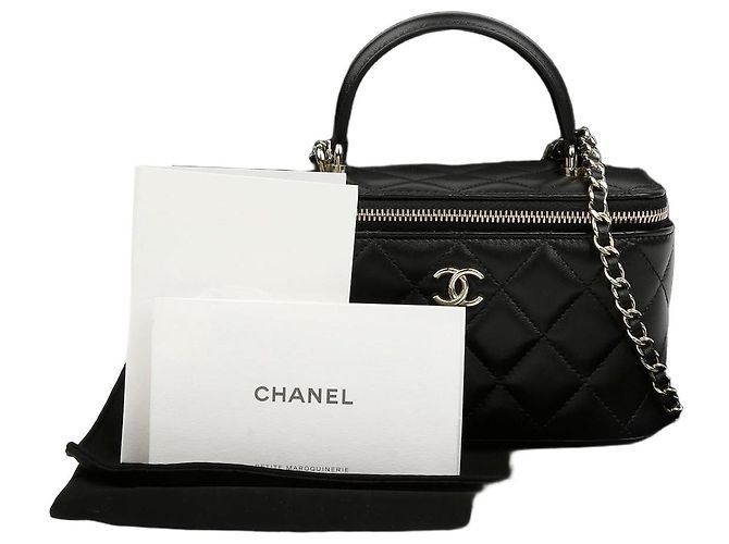 Chanel Lambskin Cosmetic Top Handle Vanity Chain Handle Shoulder Bag Black Gold