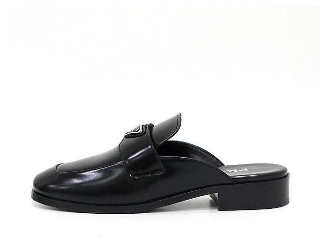 Prada Brushed Black Mule Slippers with Triangular Logo