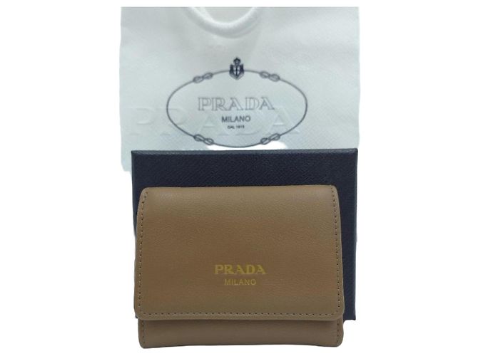 Vitello Prada Small Leather Tri-Fold Wallet Caramel Brown