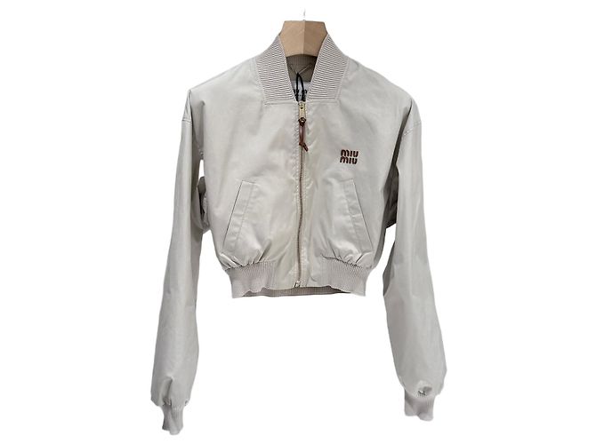 Miu Miu Giacca Bomber in Cotone Panama Beige Donna (Taglia Marrone