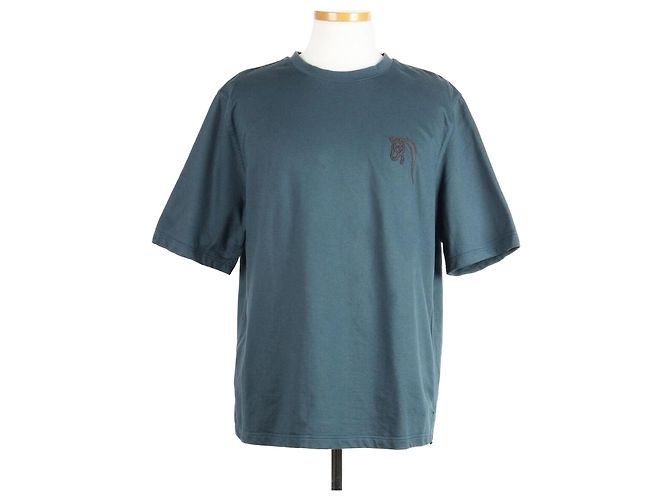 Hermès T-Shirt Turchese con Patch in Pelle di Cavallo Blu