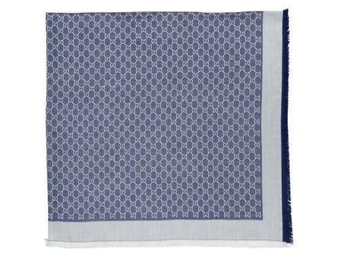 Gucci Châle en mélange de laine et soie GG Blanc Bleu