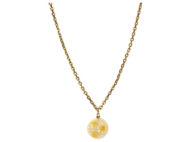 Chanel Colar de corrente dourada com pingente CC de pérolas Branco