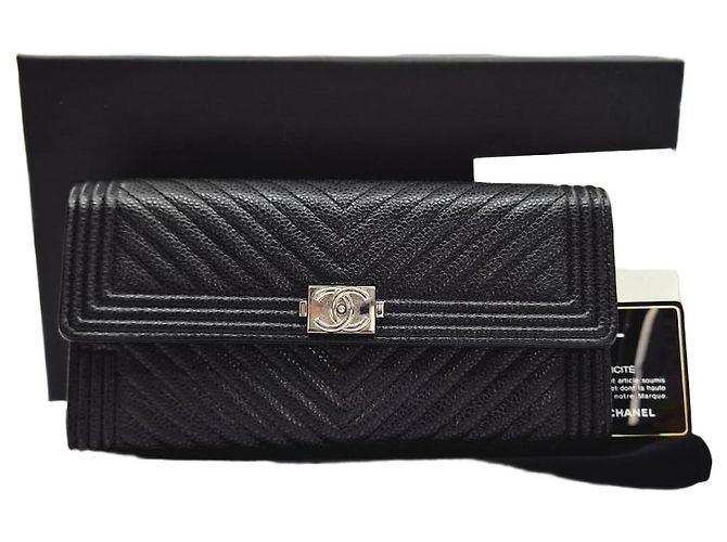 Chanel Boy Caviar Chevron Silver-Trimmed Black Long Wallet Series
