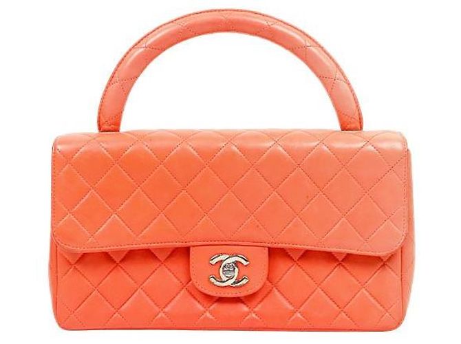 Chanel Saco Tote de alça superior acolchoado em pele de cordeiro laranja