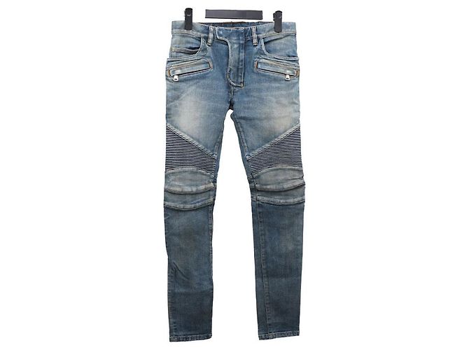 Balmain Silver Zipper Biker Jeans Blue
