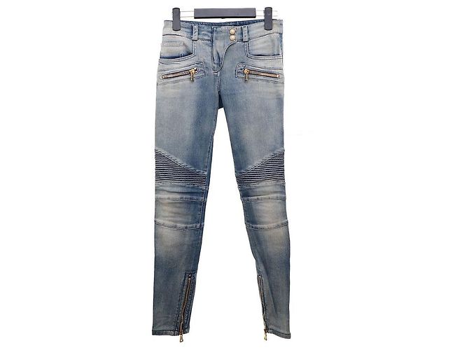 Balmain Jeans Biker con Bottoni Dorati e Zip Blu