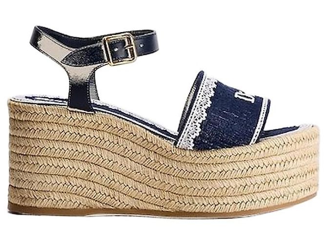 Louis Vuitton Sandali con zeppa Dantel Blu Navy Cotone Pizzo Bianco