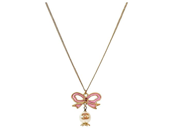 Chanel Collana CC in oro con perle e nastro rosa
