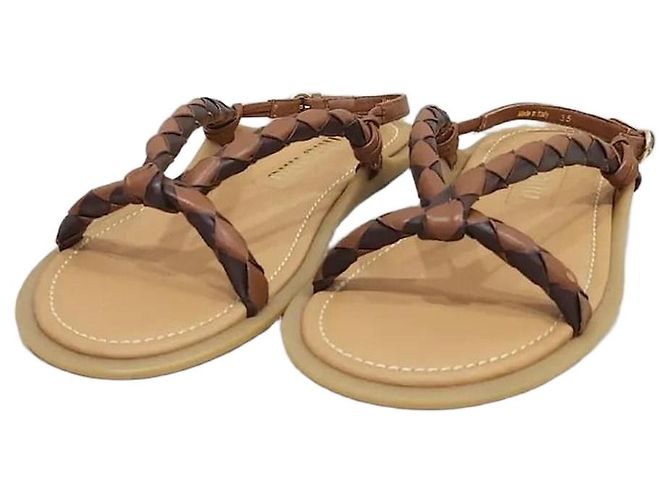 Miu Miu Braided Leather Strap Sandals Cognac Brown