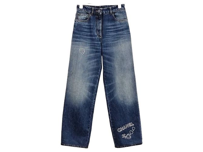 Chanel Washed Denim Pants with Embroidered Logo Blue
