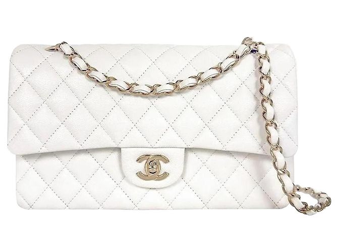 Chanel Classic Medium White Caviar Intérieur Doré Puce - Jamais utilisé Blanc