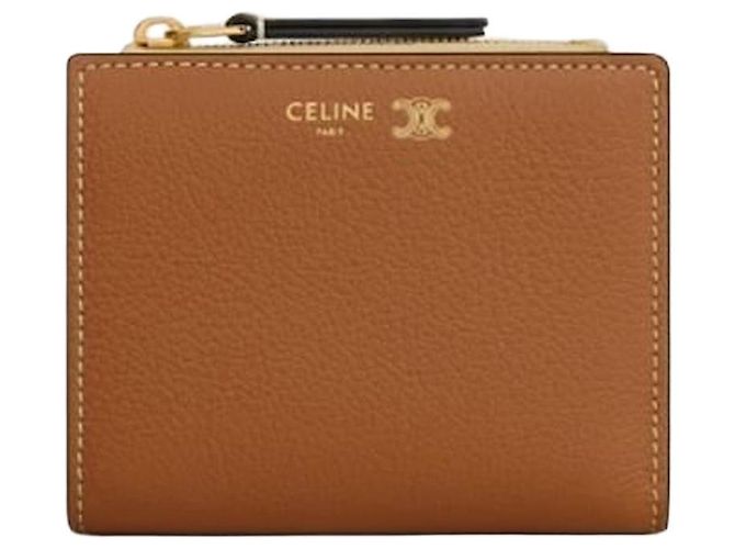 Céline Carteira compacta em couro de bezerro grão macio castanho porta-moedas feminina Marrom