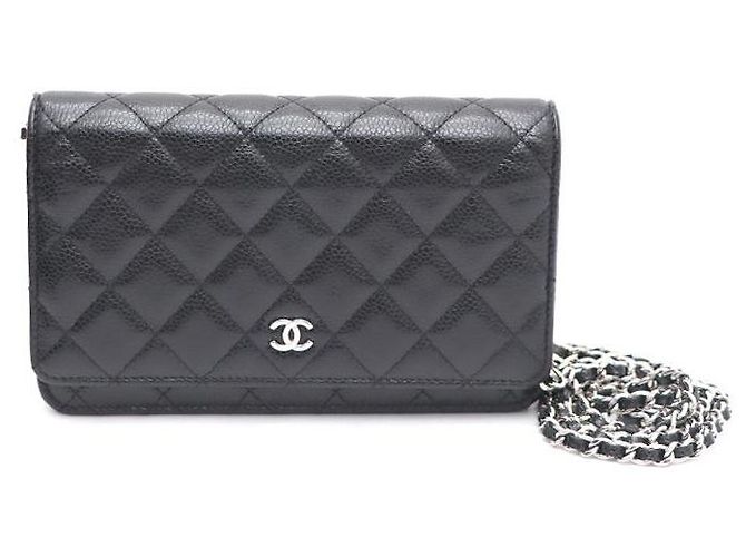 Chanel Bolsa de Ombro com Corrente Caviar Classic WOC com CC prateado Preto