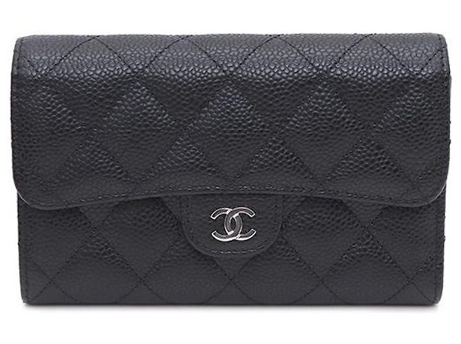 Chanel Klassisches Damen-Portemonnaie mit Klappe aus schwarzem Kaviarleder mit silbernem CC-Logo