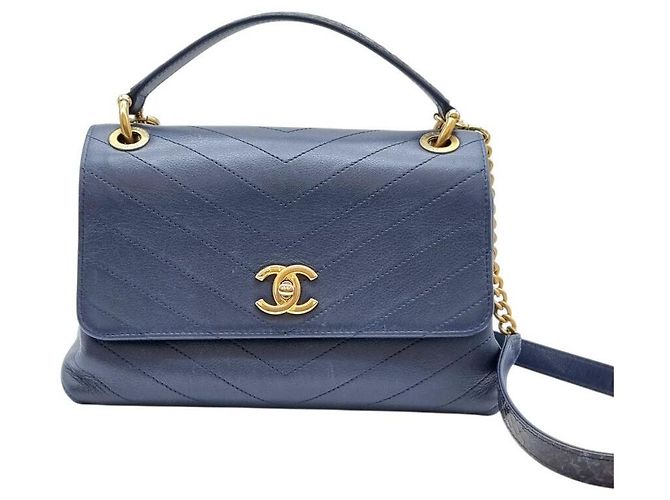 Chanel Chevron Python Top Handle Flap Shoulder Bag Navy Blue