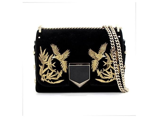Jimmy Choo Bolsa de ombro e bolsa transversal em camurça preta bordada Rocket com corrente dourada Preto