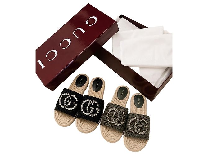 Gucci Interlocking Espadrille Rafia Sandals Black