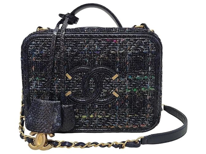 Chanel Vanity Medium Kosmetiktasche aus marineblauem Tweed und Pythonleder mit Tragegriff
