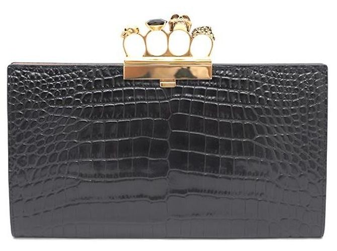Alexander Mcqueen Clutch com padrão de crocodilo e pega dourada Preto