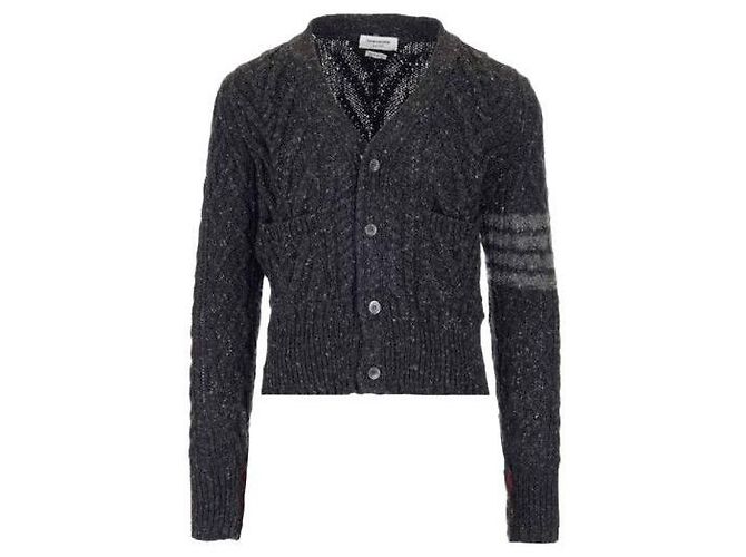 Thom Browne Diagonal Cable Mohair Wool Cardigan Dark Gray