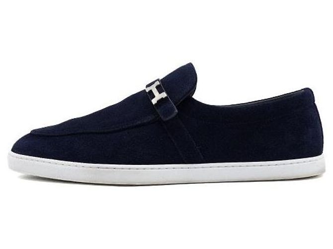 Hermès Mocassini da uomo in camoscio Marine con logo argento Blu