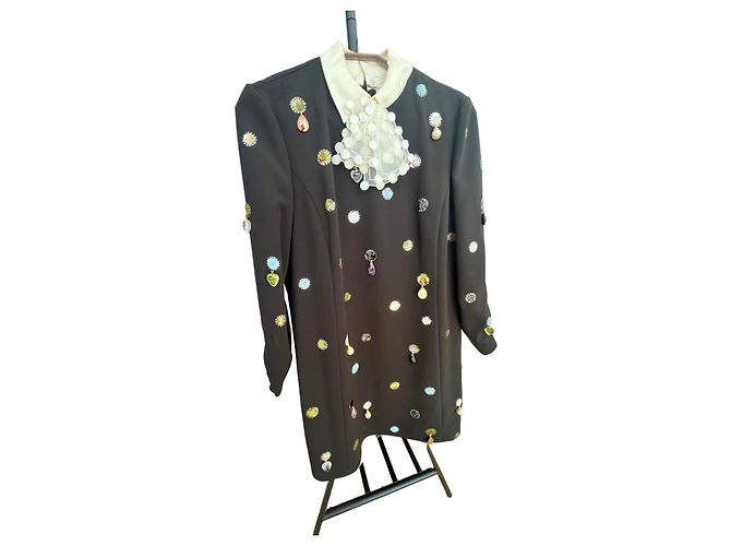 Tory Burch Vestido Shift Negro Bordado Blanco Multicolor