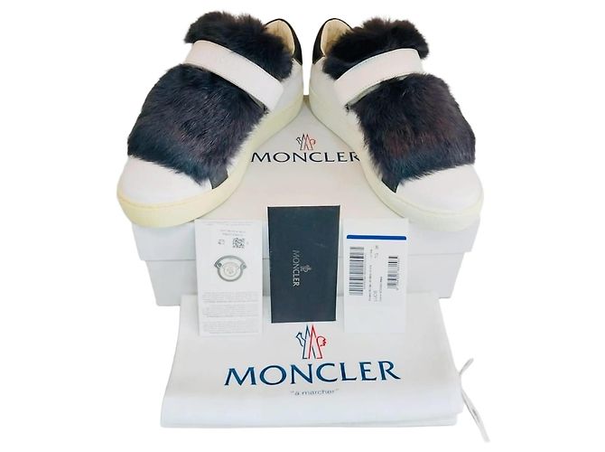 Moncler White Leather Fur Velcro Sneakers