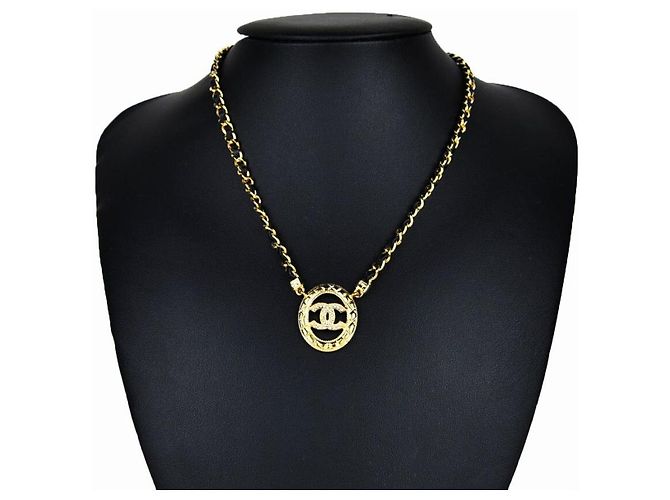 Chanel Colar de corrente de couro redondo Preto